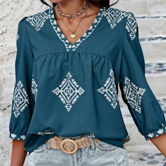Tops - Random Printed Women Summer Loose Fit V-Neck Bubble Sleeve Blouse